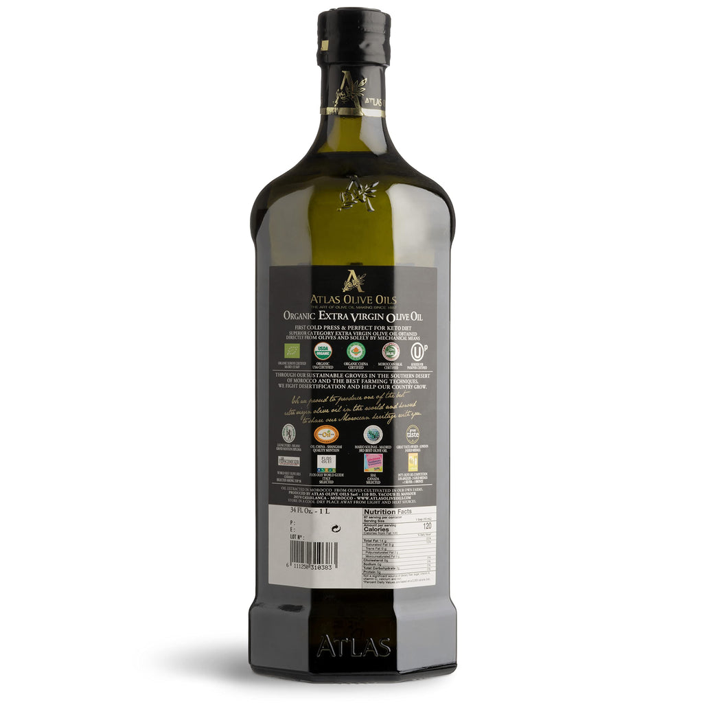 A ATLAS OLIVE OILS Organic Cold Press Extra Virgin Olive Oil with Polyphenol Rich, Newly Harvested Unprocessed from One Single Family Farm Cold Press Ext. Virgin 34 Fl Oz (Pack of 1)