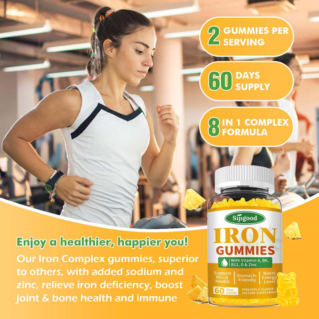 2 Pack Iron Gummies for Women & Men - Vegan Iron Supplement for Anemia & Iron Deficiency, with Vitamin B12, Vitamin C, Zinc, Folate - Energy Boost, Sugar-Free, Pineapple Flavor, 120 Count