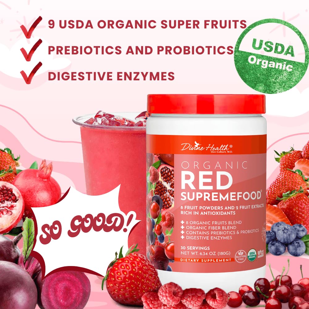 Dr. Colbert, MD Organic Red Supremefood | Berry Flavored Blend | by Divine Health | 10 Organic Fruits | Probiotics | Enzymes | Herbs | Fiber | Antioxidants | Non-GMO | 30 Day Supply | 180g