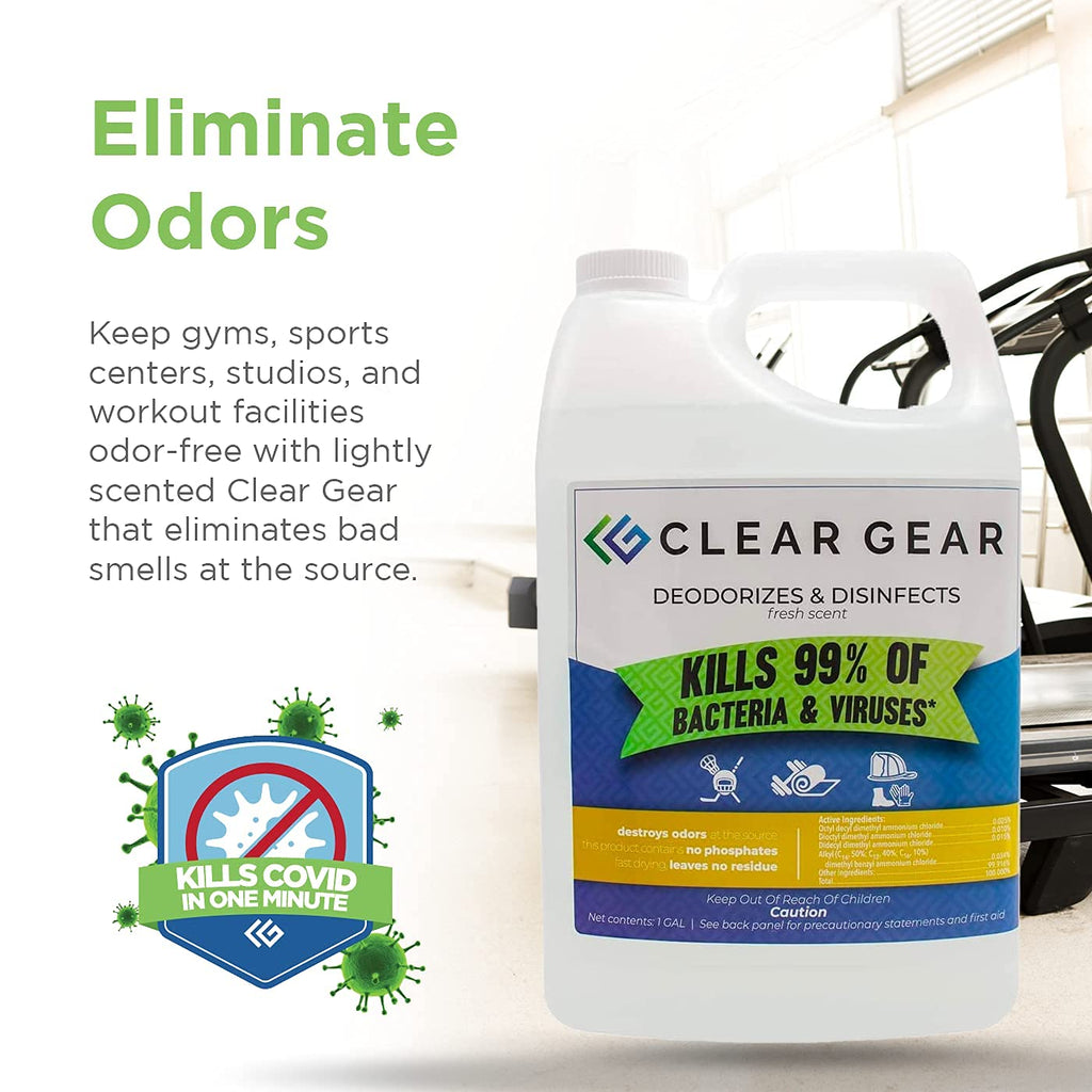 Clear Gear - Disinfectant, Cleaner, and Deodorizer for Sports Equipment, Gyms, and Fitness Centers - EPA-Registered, Hospital Grade, Made in USA - 1 Gallon Bottle