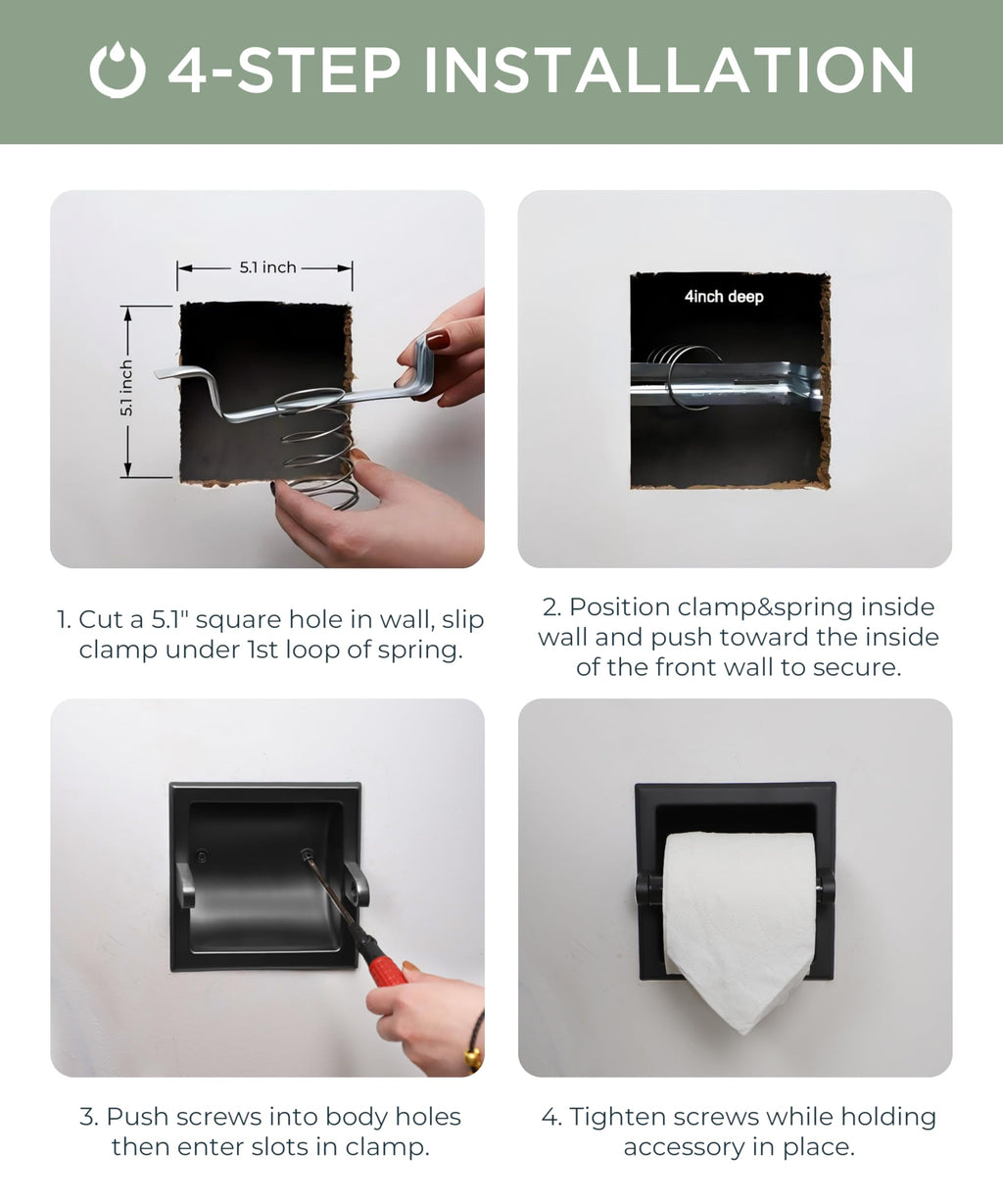 FORIOUS Recessed Toilet Paper Holder, Wall Mount Bathroom Tissue Holder
