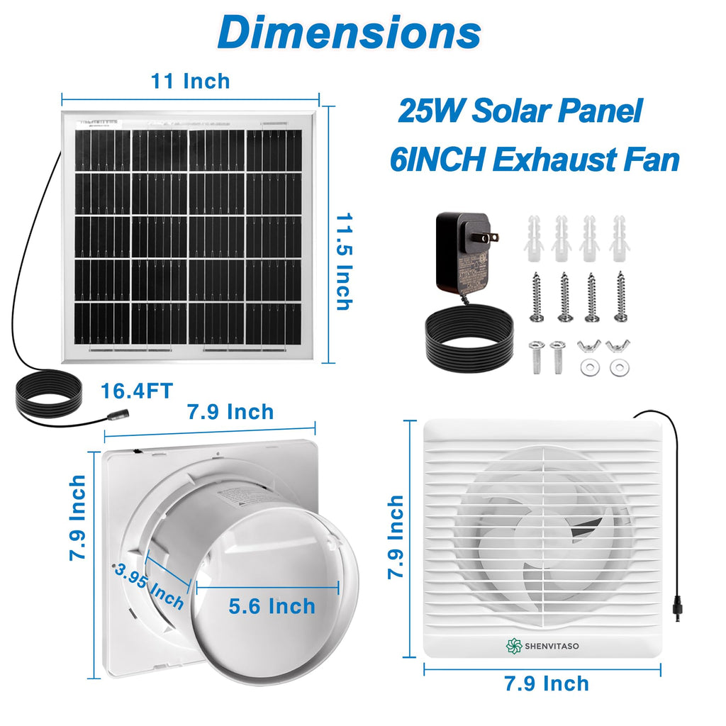 Solar Exhaust Fan with Power Adapter, 6 Inch Solar Powered Exhaust Ventilation Fan, Quiet Brushless Solar Vent Fan with 25W Solar Panel, Anti‑Backflow Valve for Chicken Coop, Shed, Greenhouse