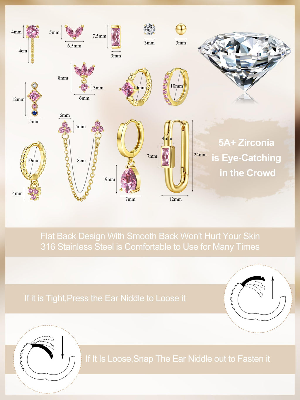 Sanfenly Stud Earrings Small Hoop Earrings Set for Women Gold Pink CZ