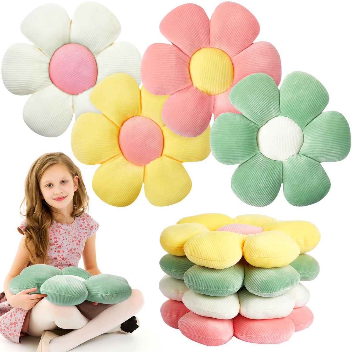 Reginary 4 Pcs Flower Floor Pillow Cushion Kid, Daisy, Fresh, 15.75''