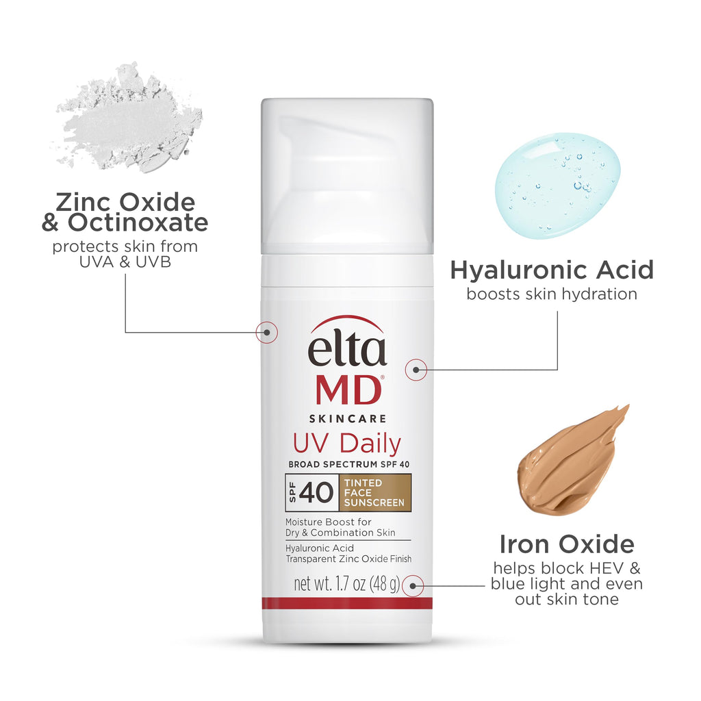 EltaMD UV Daily Tinted SPF 40 Face Sunscreen Moisturizer with Zinc Oxide, Tinted Daily Face Moisturizer with SPF, Sunscreen for Dry Skin,1.7 oz Pump (Pack of 2)