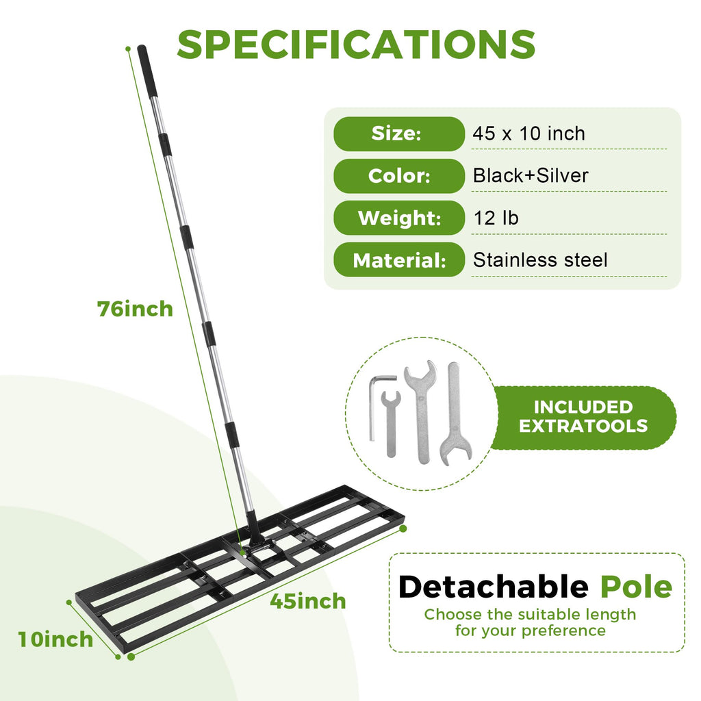 Lawn Leveling Rake, 45"x10" Stainless Steel Lawn Leveler with 76" Adjustable Handle, Heavy-Duty Yard Leveling Rake for Garden, Golf Course, Farm, Pasture, Professional Lawn Care Tool