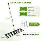 Lawn Leveling Rake, 45"x10" Stainless Steel Lawn Leveler with 76" Adjustable Handle, Heavy-Duty Yard Leveling Rake for Garden, Golf Course, Farm, Pasture, Professional Lawn Care Tool