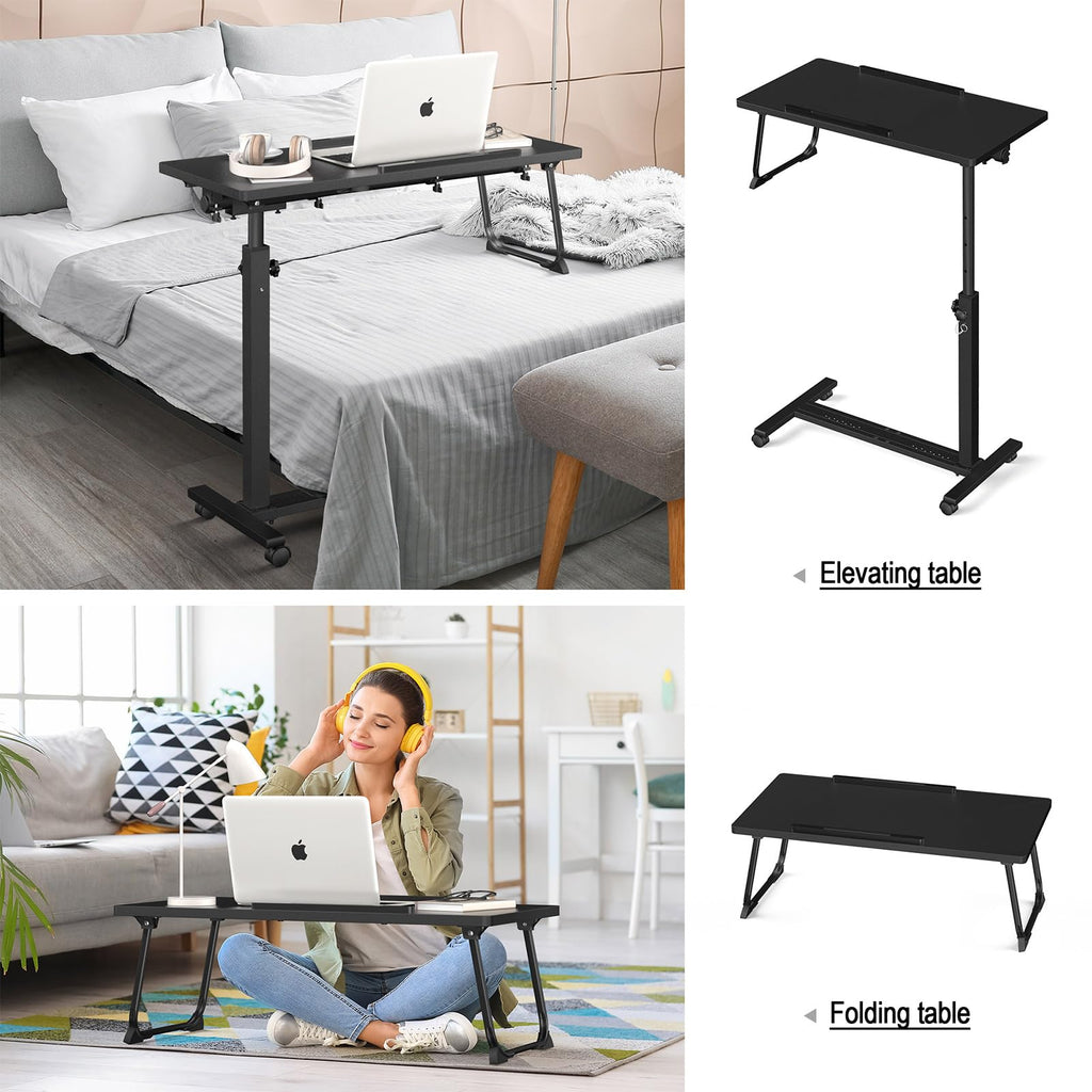 Eocnrhe Adjustable Overbed Bedside Table, Hospital Bed Table with Wheels, Portable Rolling Desk, Mobile Small Standing Desk, Rolling Laptop Stand, Computer Cart