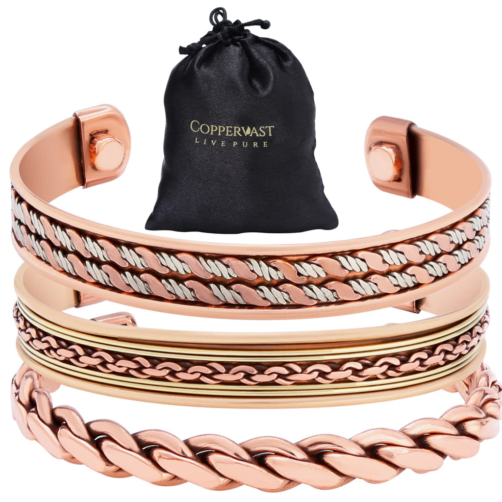 Coppervast Copper Bracelets- for Men and Women| Set of 3 with Gift Box | Gift for Women & Men | Handmade 100% Copper (Inlay)