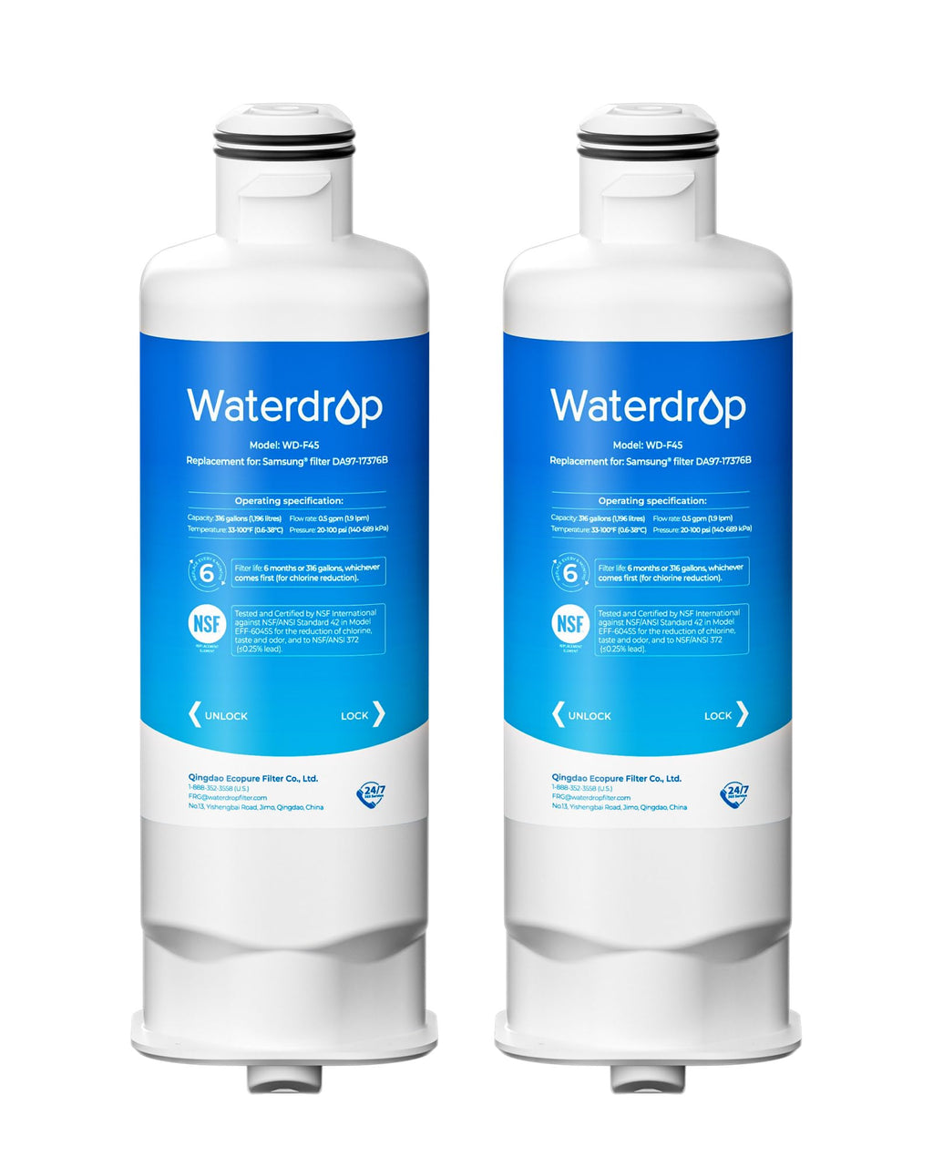 Waterdrop WD-F45 Replacement for Samsung® DA97-17376B, HAF-QIN/EXP, DA97-08006C, RF28R7201SR, RF28R7351SG, Refrigerator Water Filter, 2 Filters
