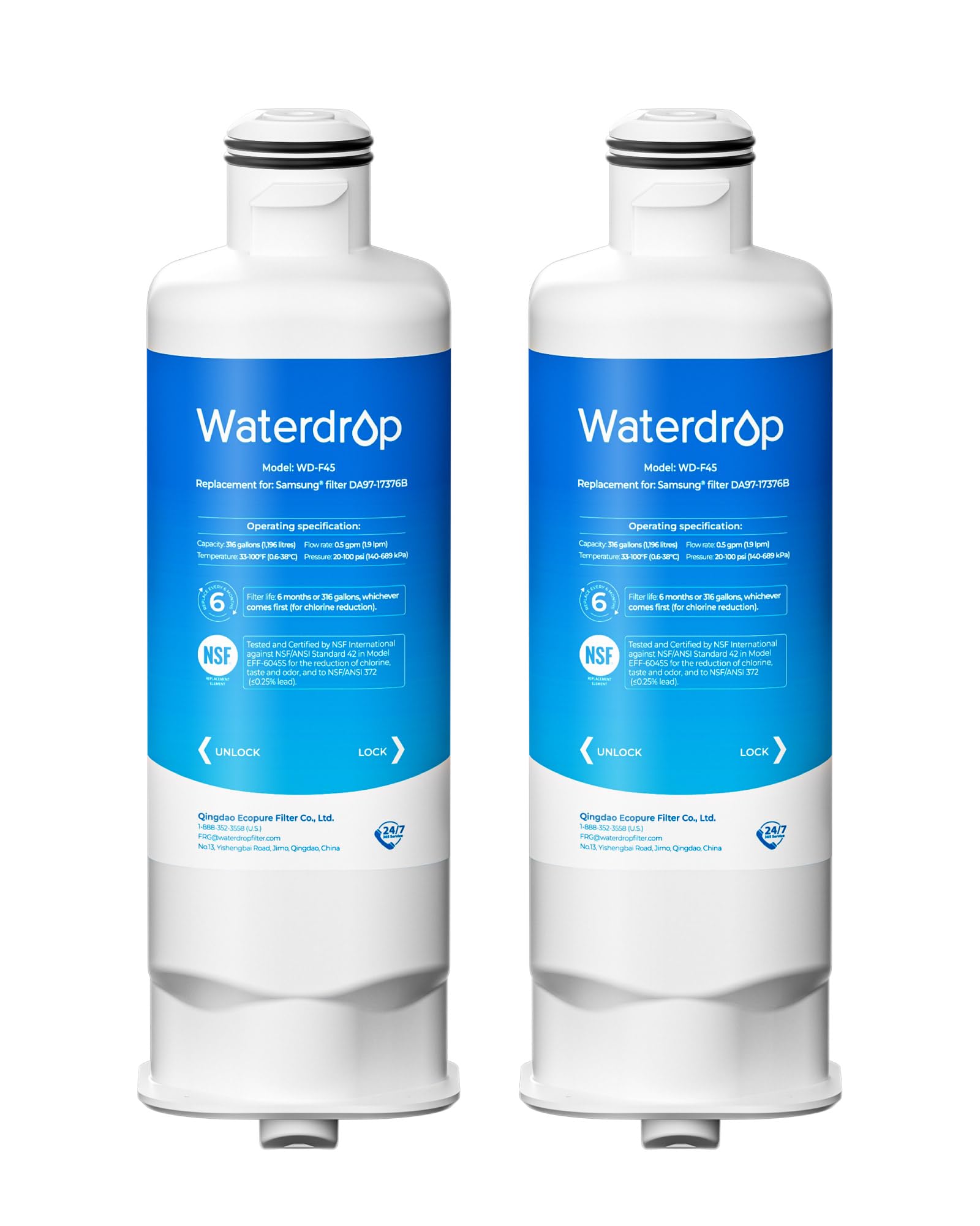 Waterdrop WD-F45 Replacement for Samsung® DA97-17376B, HAF-QIN/EXP, DA97-08006C, RF28R7201SR, RF28R7351SG, Refrigerator Water Filter, 2 Filters