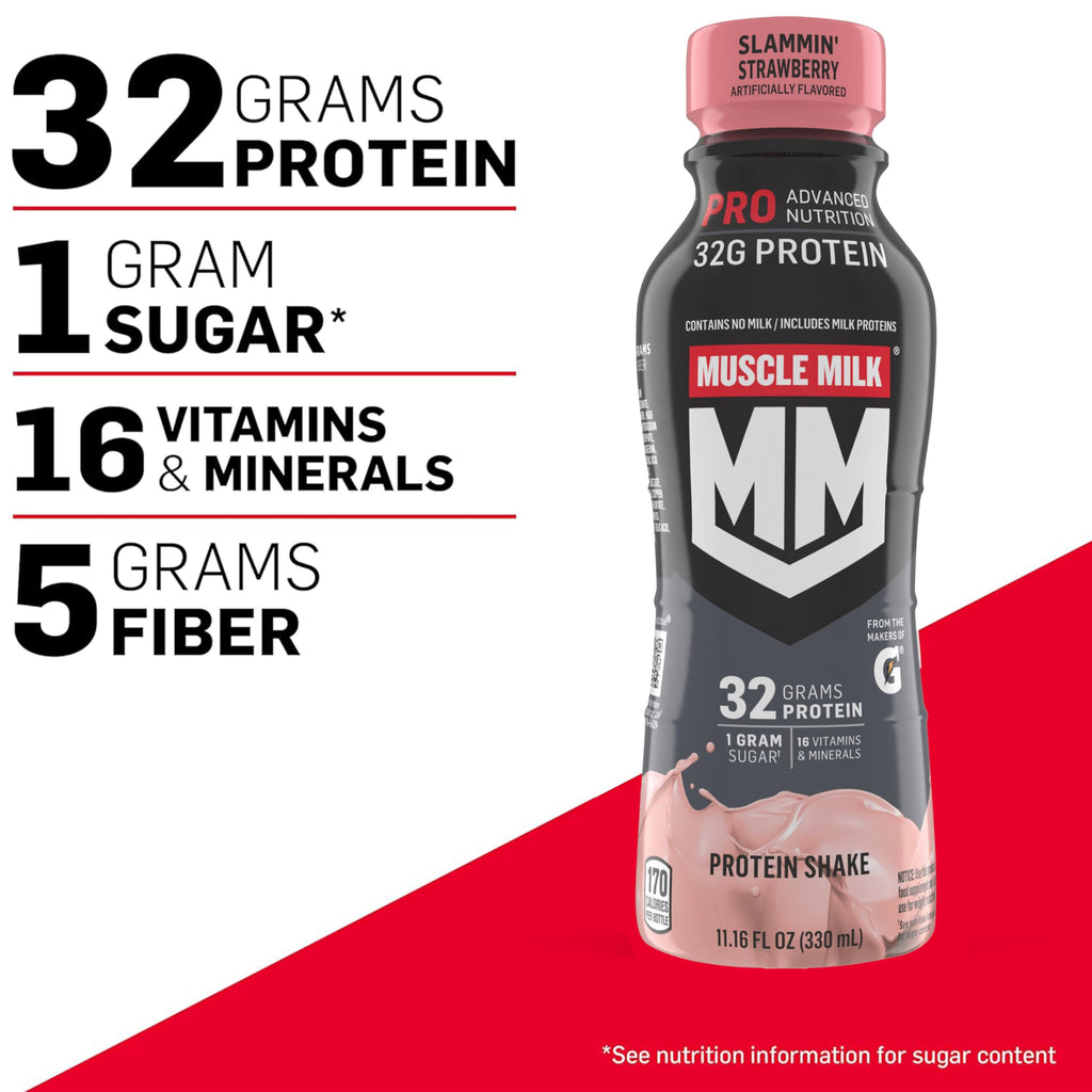 Muscle Milk Pro Advanced Nutrition Protein Shake, Slammin' Strawberry, 11.16 Fl Oz, 32g Protein, 1g Sugar, 16 Vitamins & Minerals, 5g Fiber, Bottled Liquid, Gluten Free, (Pack of 24)