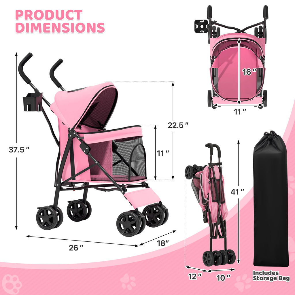 Magshion Compact Pet Stroller for Small-Medium Dogs/Cats up to 22lbs, 4-Wheel Lightweight Umbrella Shaped Portable Puppy Travel Jogger with Breathable Mesh, Cup Holder & Rear Storage, Pink