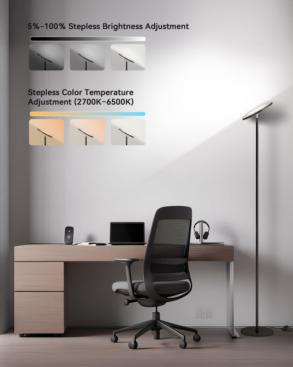 JOOFO LED Floor Lamp – Super Bright Torchiere with Remote & Foot Switch, Stepless Dimmable Tall Standing Lamp, 69" Modern Pole Light for Corner, Living Room, Bedroom, Reading, Office