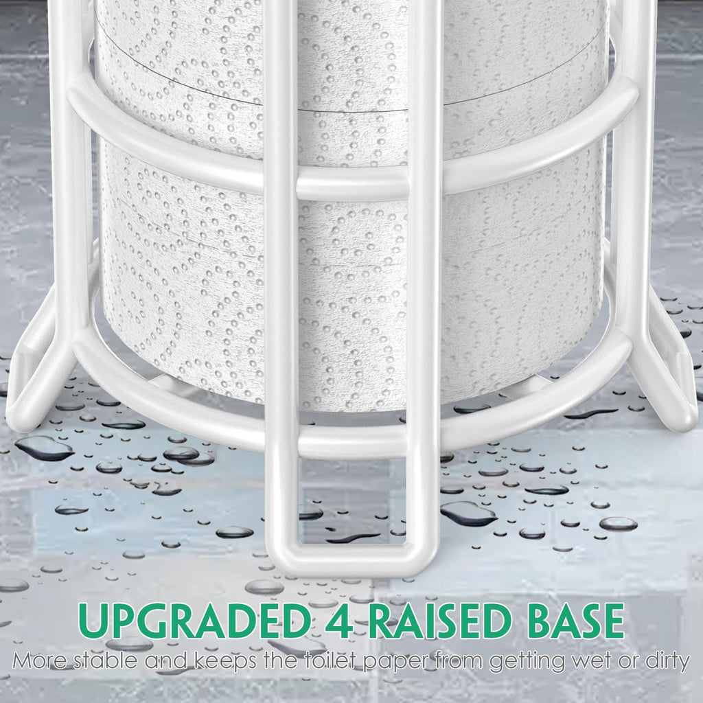 TomCare Toilet Paper Holder Stand with Shelf 4 Raised Feet Upgraded Free Standing Toilet Paper Roll Storage with Tissue Paper Dispenser Metal Bathroom Storage Organization (White)