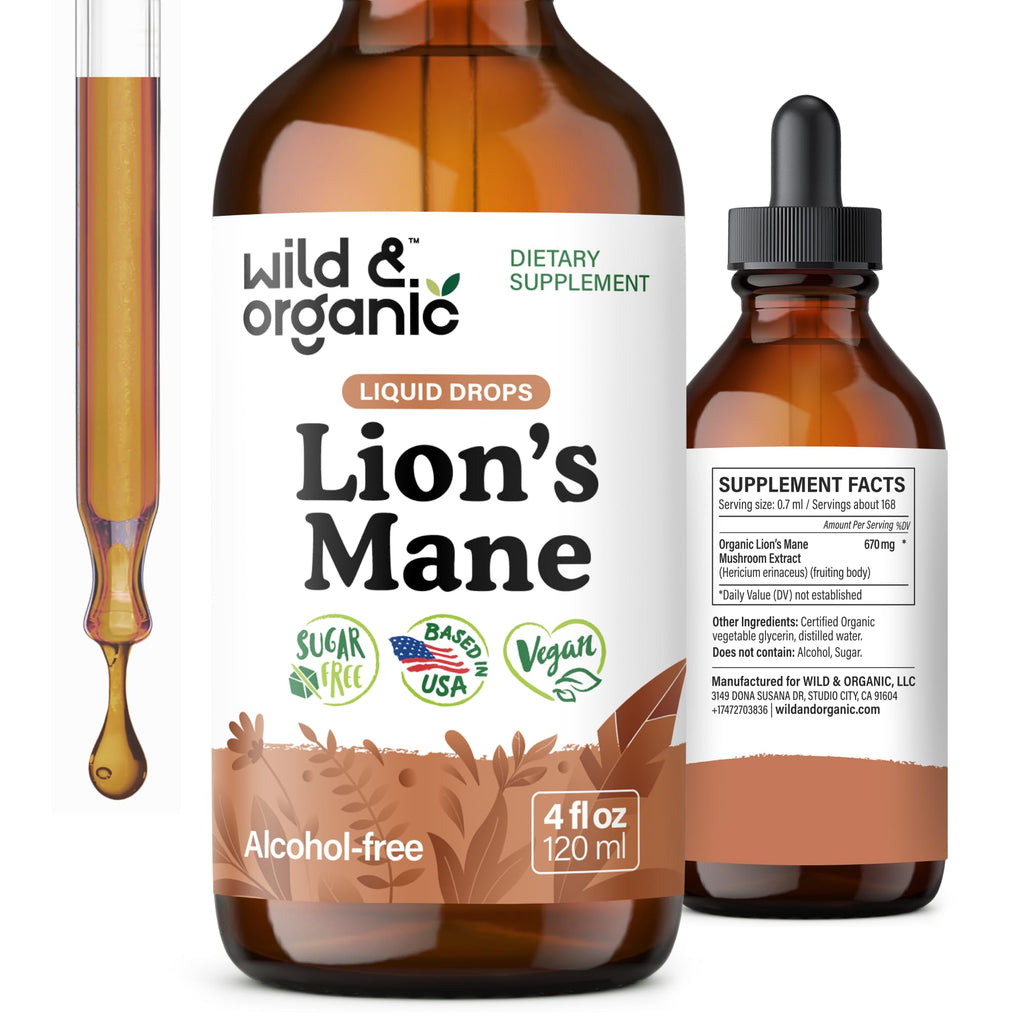 Wild & Organic Lions Mane Liquid Drops - Brain & Focus Support - 84-Day Supply - Lion's Mane Mushroom Supplement - Hericium Erinaceus Mushroom Drops - Sugar & Alcohol-Free Extract Tincture - 4 fl oz
