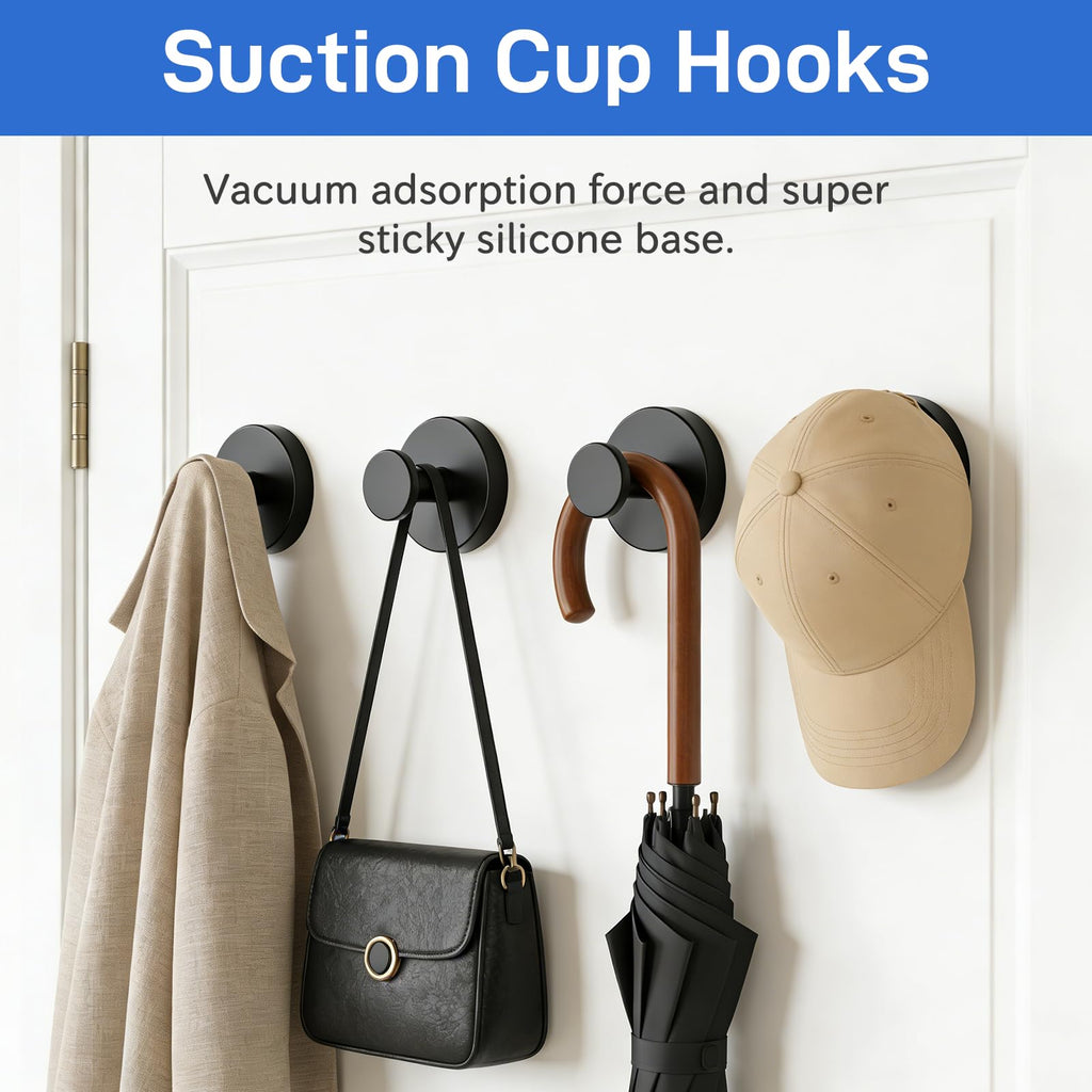 SetSail Suction Cup Hooks for Shower 4 Packs Matte Black Towel Hooks for Bathrooms Wall Mounted Stainless Steel Bathroom Towel Hook for Shower Wall, Window Glass, No-Drill