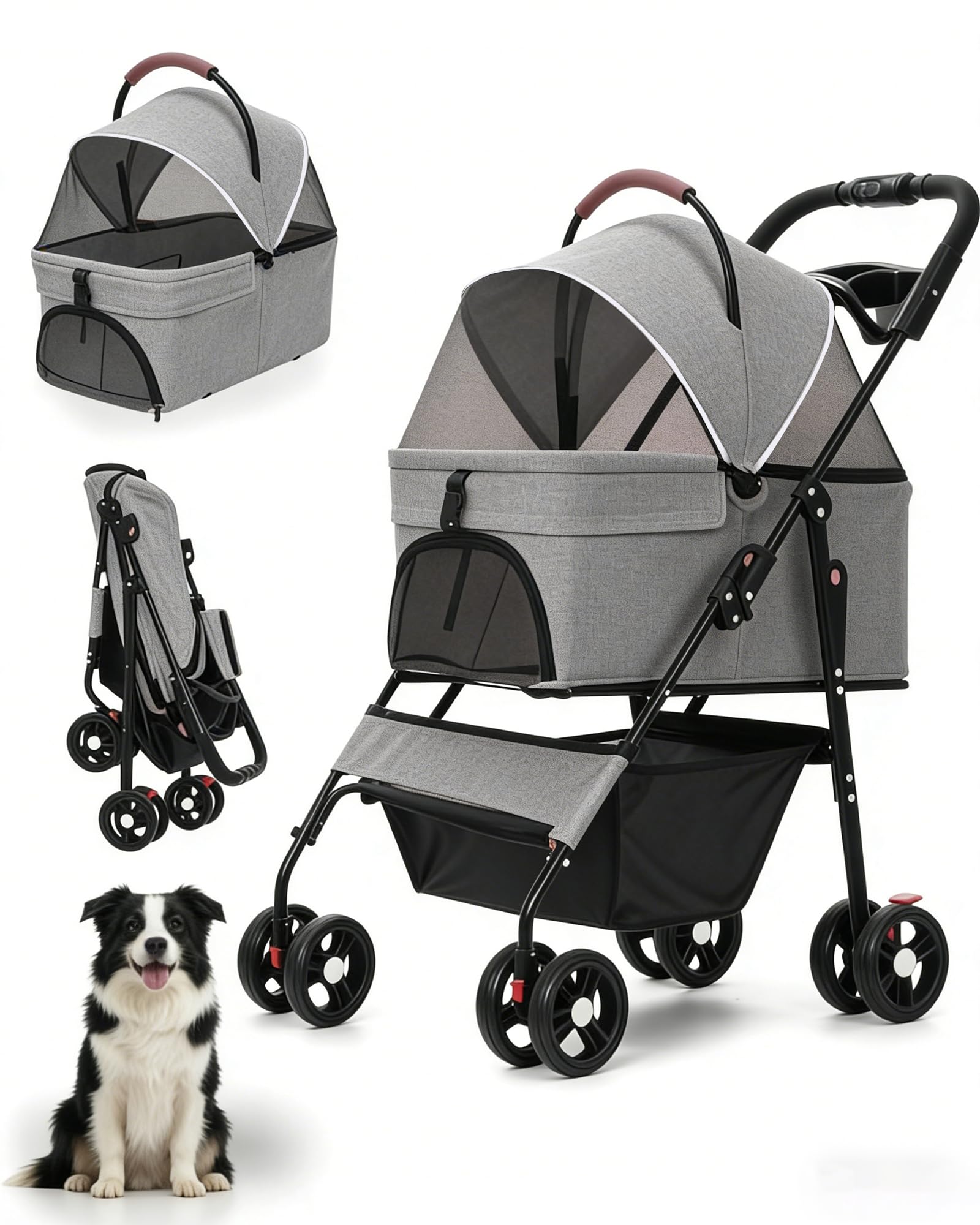 Pet Stroller with Removable Carrier, 35lbs Capacity - One-Click Foldable Dog Stroller, Cat Carrier & All-Terrain Wheels, Compact Travel Pet Stroller for Small to Medium Pets-Gray