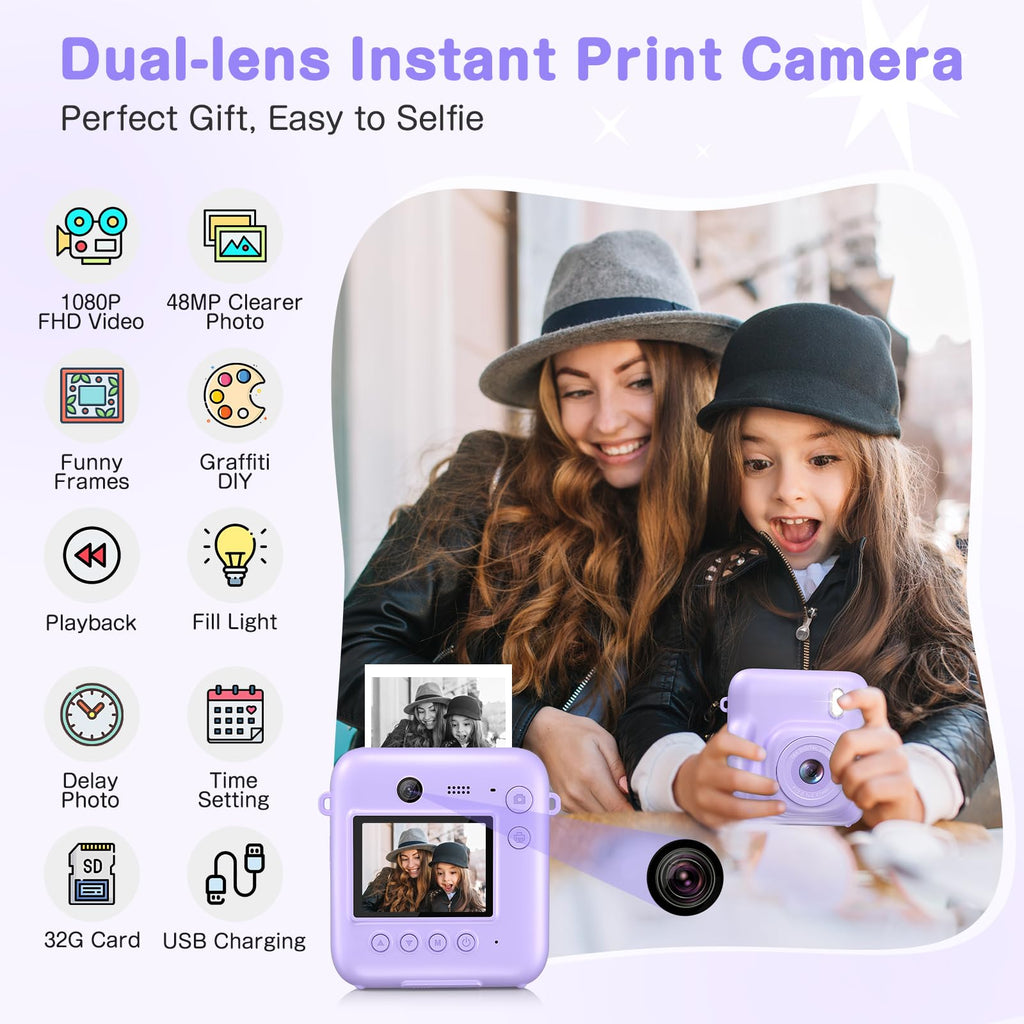 Kids Camera Instant Print, Dual-Lens 48MP Digital Camera,Purple,Aasonida