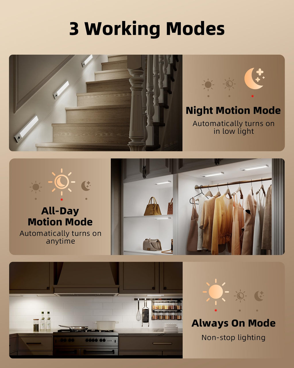 EZVALO 3-Pack 10inch Under Cabinet Lighting with Remote, 2400mAh Rechargeable Motion Sensor Lights, Magnetic Dimmable Closet Light, Timer, 3 Color Temps Wireless Lights for Kitchen, Pantry, Stair