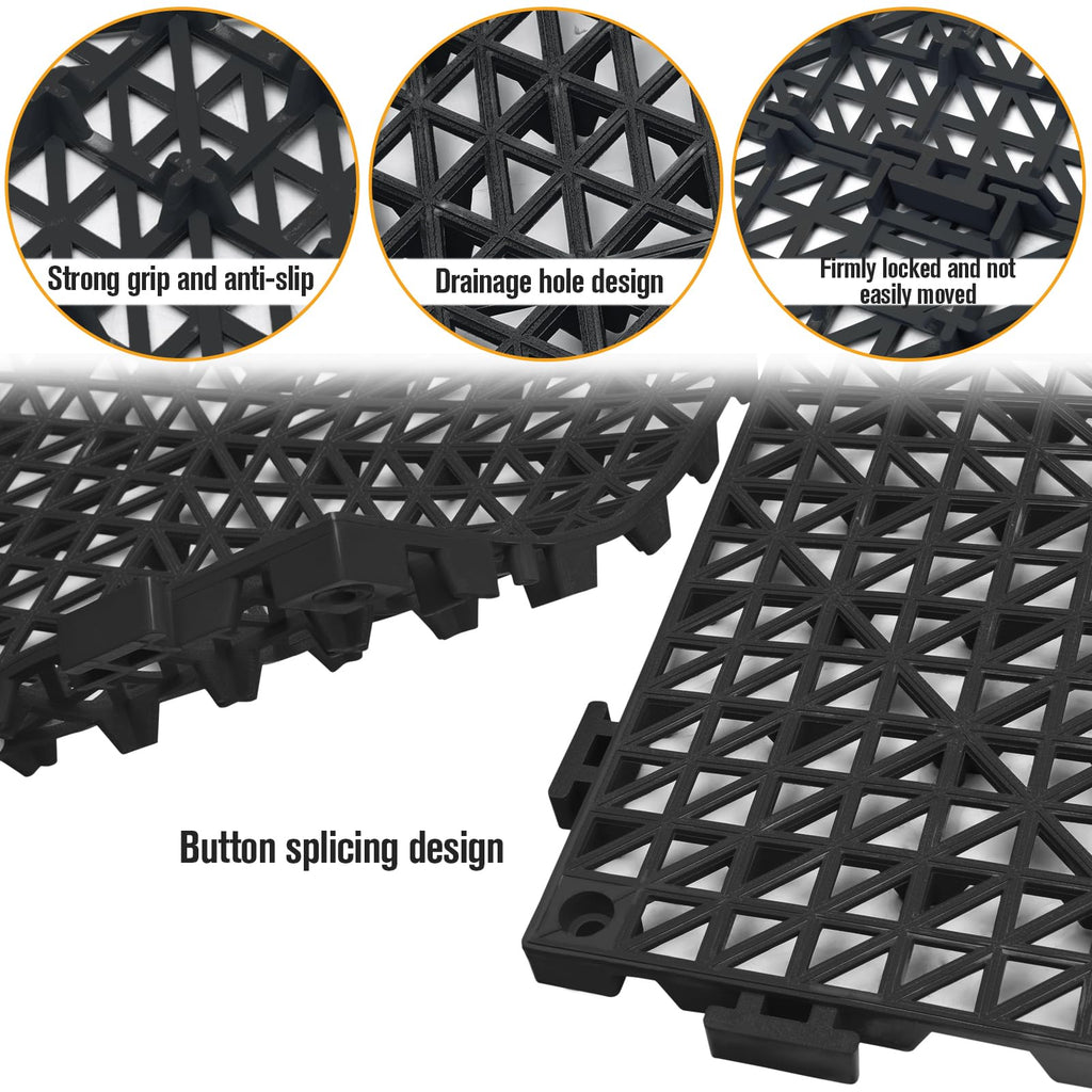 12 Pcs Drainage Mat Modular Interlocking Cushion 11.8" x 11.8" Garage Floor Tiles Non-Slip Splicing Rubber Floor Tiles for Drain, Deck, Pool, Outdoor/Indoor (Black)