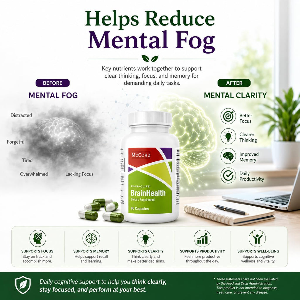 Pinnaclife McCord BrainHealth Brain Supplement with Olivamine, Vitamin D3, B6 & B12, Rhodiola Rosea, Magnesium & Taurine, Supports Memory, Focus, Clarity & Productivity for Men and Women