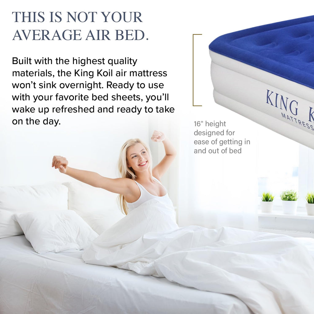 King Koil Luxury Twin Air Mattress with Built-in High Speed Pump for Camping, Home & Guests - Twin Size Double High Airbed Luxury Inflatable Blow Up Mattress Waterproof (1-Year Manufacturer Warranty)