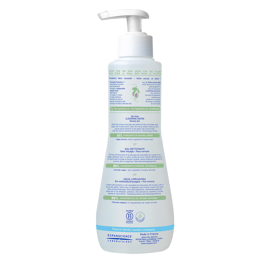 Mustela Baby Cleansing Water - No-Rinse Micellar Water - with Natural Avocado & Aloe Vera - for Baby's Face, Body & Diaper - Various Sizes - 10.14 fl. oz.