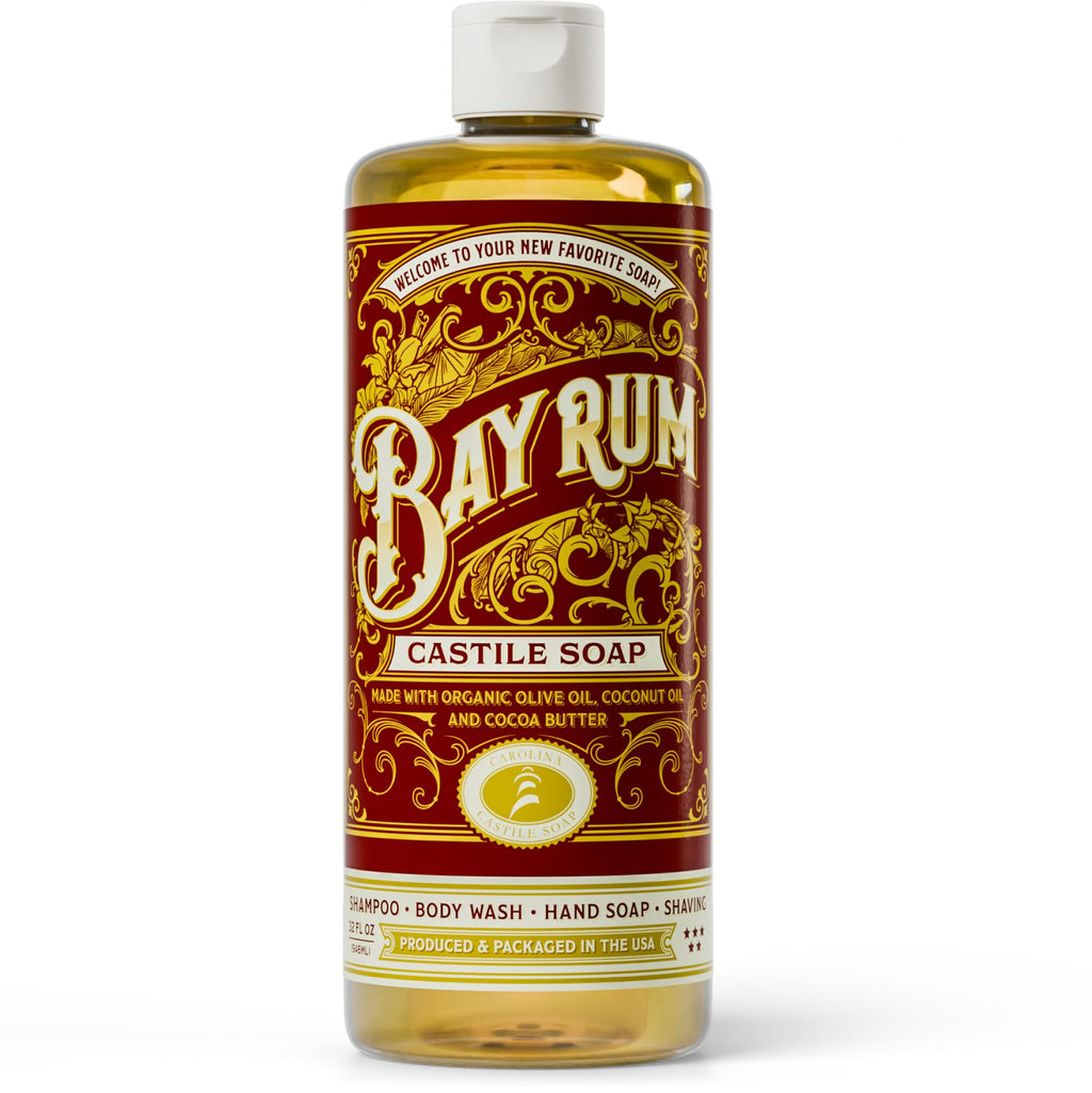 Carolina Castile Soap Bay Rum Scent – Certified Organic Base, High Olive Oil Content, Non-Drying, Made with Organic Oils, Concentrated Natural Body Wash for Men and Women (Bay Rum, 32 Fl Oz)