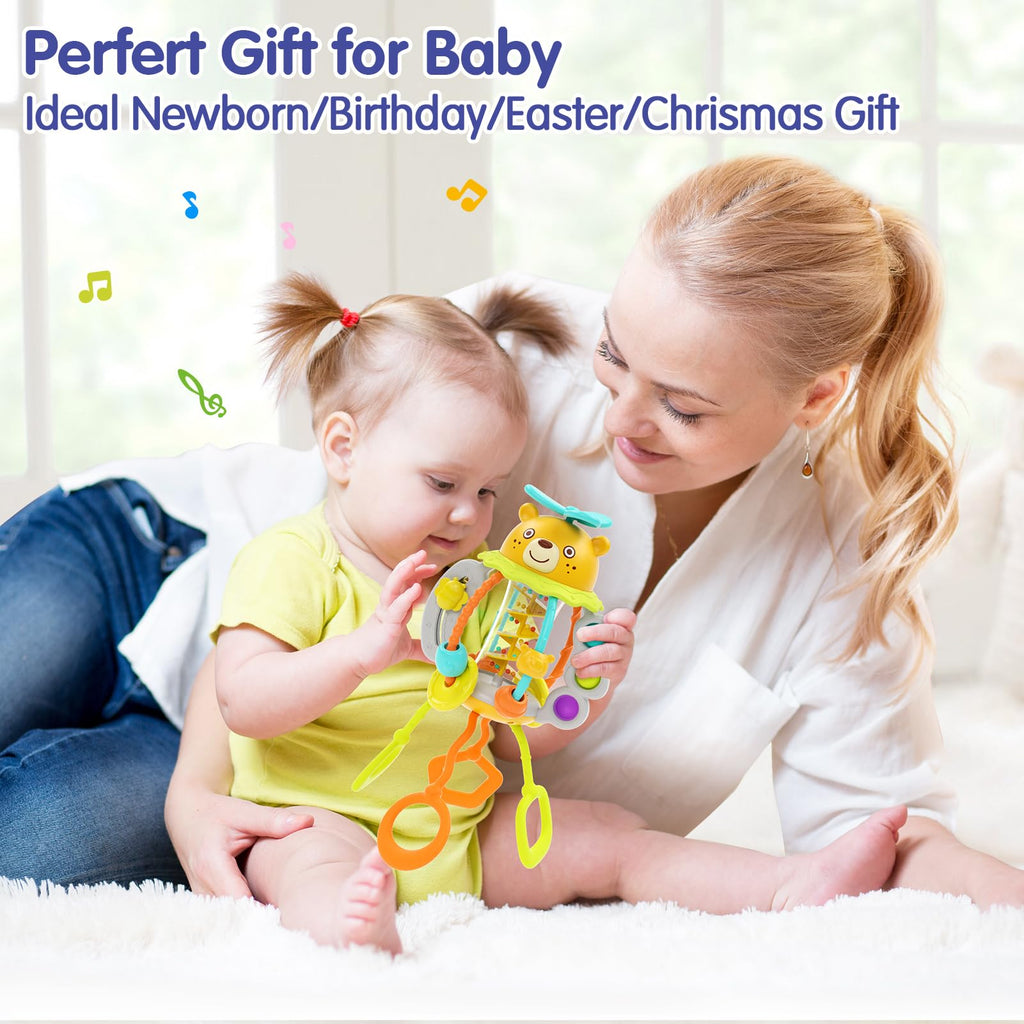 HOLA Montessori Toys for 1 Year Old Boys - Rattle Teething Baby Toys 0-6 & 6-12 Months, Silicone Pull String Sensory Toys for 1 Year Old Girl Gifts Christmas Stocking Stuffers