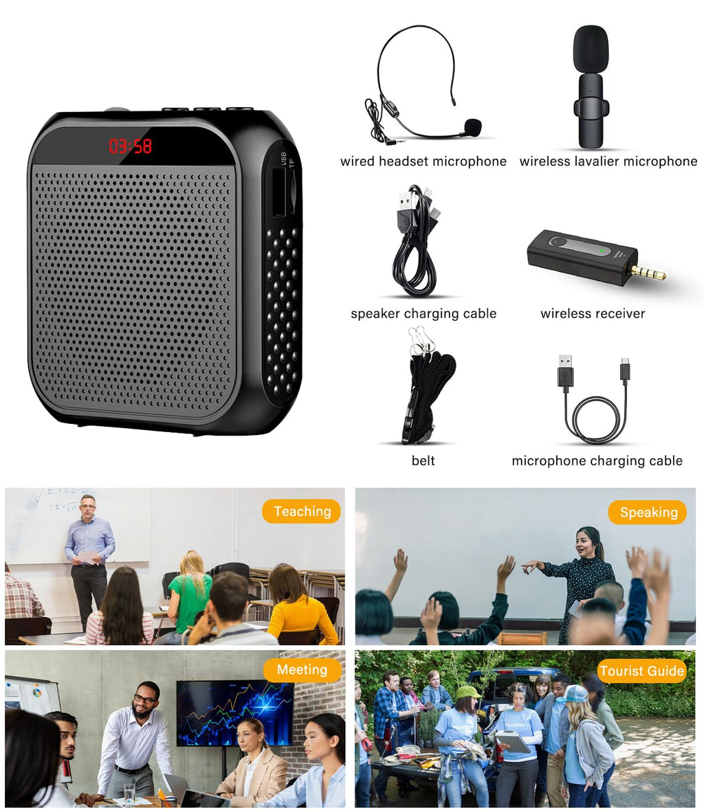 Jkoailiwi Voice Amplifier with Wireless Lapel Microphone, Personal Teachers Microphone for Classroom, Portable Megaphone PA Speaker Headset System, Wireless Voice Amplifier for Tour Guide/Yoga