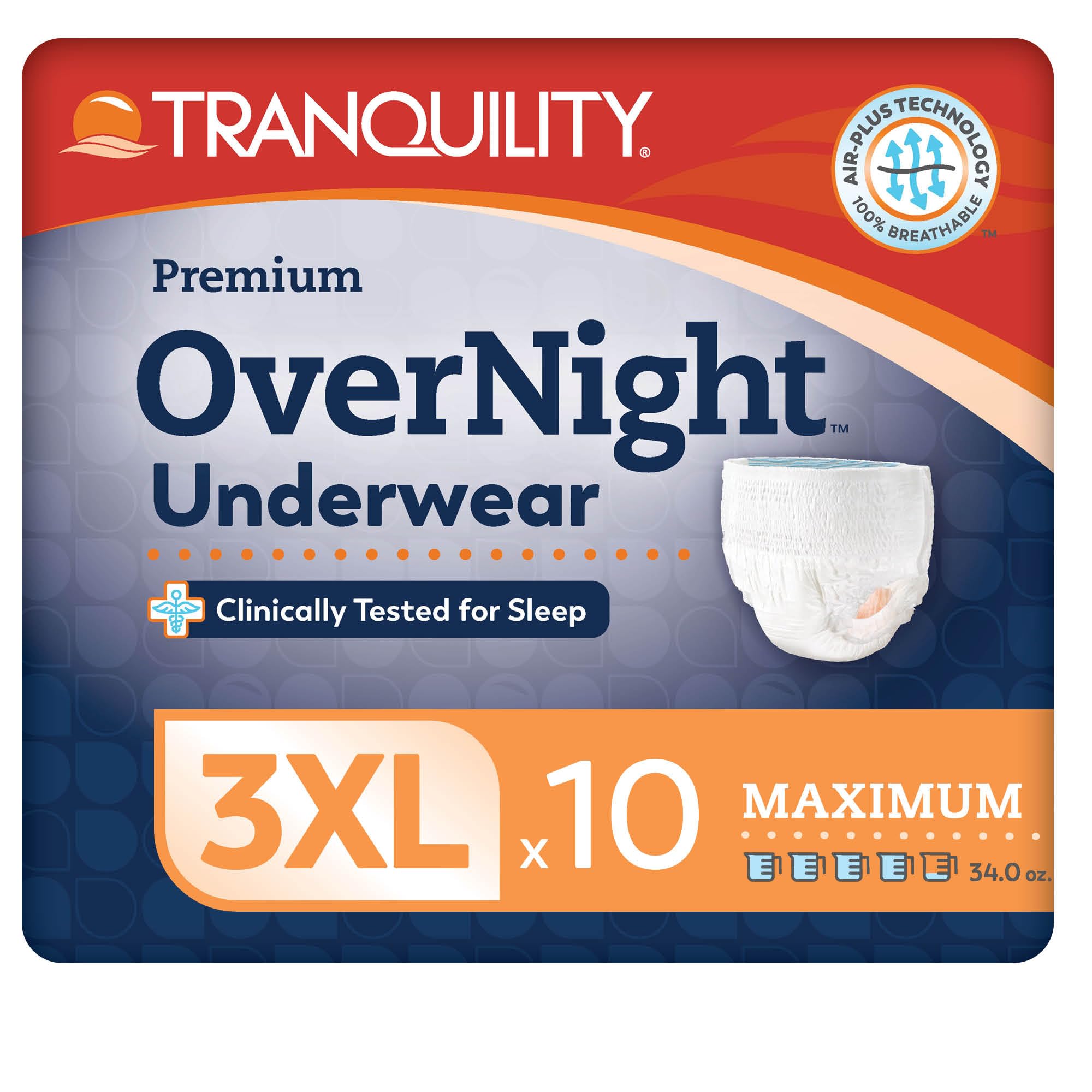 Tranquility Premium Overnight Disposable Absorbent Underwear (10 Count) - XXXL, 75-95 in. Waist - Maximum Absorbency, All-Night Sleep, Breathable Comfort, Adult Diapers