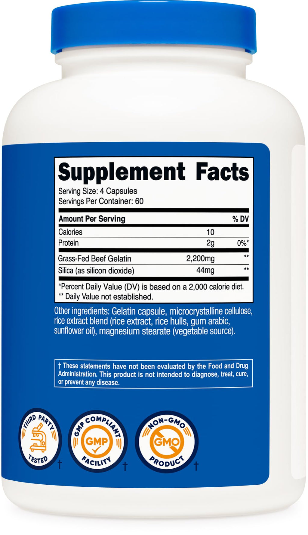 Nutricost Gelatin with Silica (2,200mg) 240 Capsules - With Grass-Fed Beef Gelatin, Gluten-Free, GMO-Free, 60 Servings