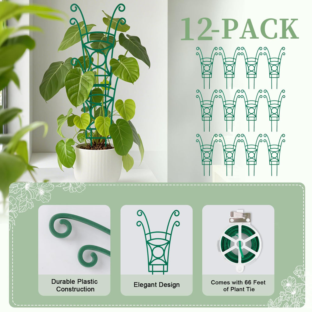 12 Pack Stackable Plant Trellis for Potted Plants, Garden Trellis Supports Peas, Ivy & Flowering Vines, Plastic Climbing Plant Support (Green)