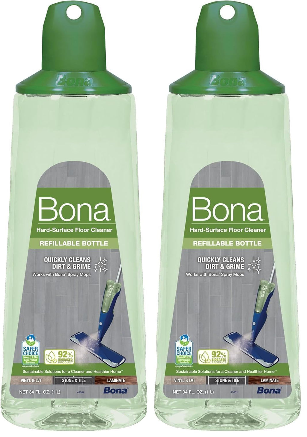 Bona Multi-Surface Floor Cleaner Refillable Spray Mop Cartridge, for Stone Tile Laminate and Vinyl LVT/LVP, 34 Fl Oz (Pack of 2)