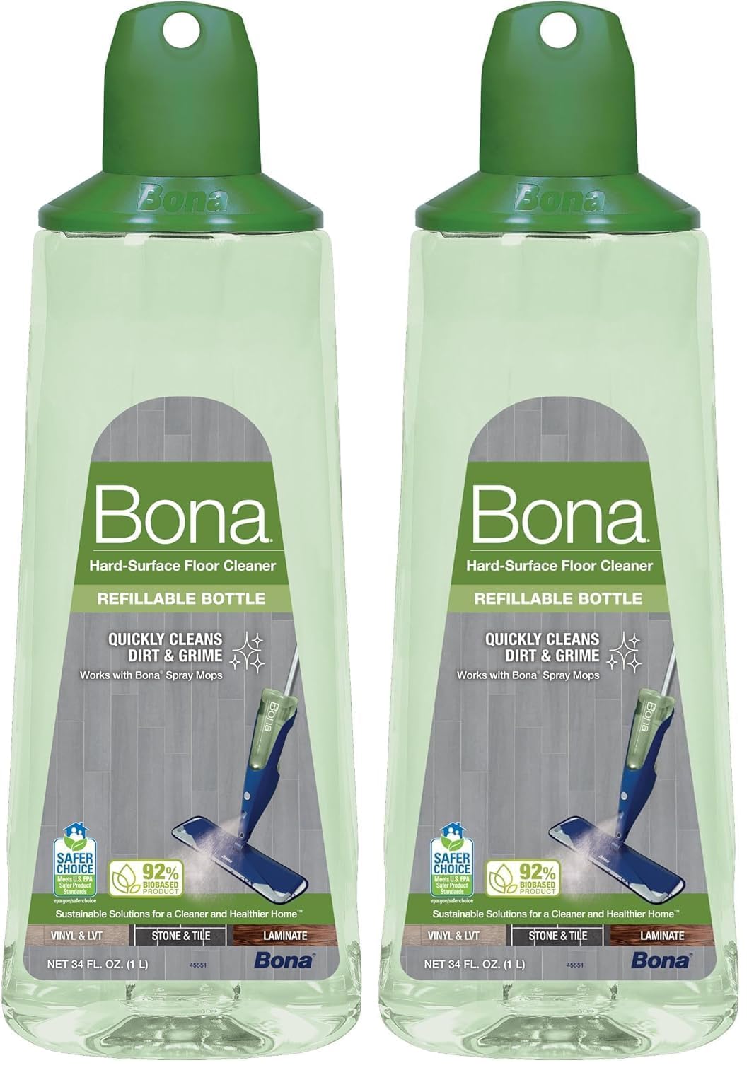 Bona Multi-Surface Floor Cleaner Refillable Spray Mop Cartridge, for Stone Tile Laminate and Vinyl LVT/LVP, 34 Fl Oz (Pack of 2)