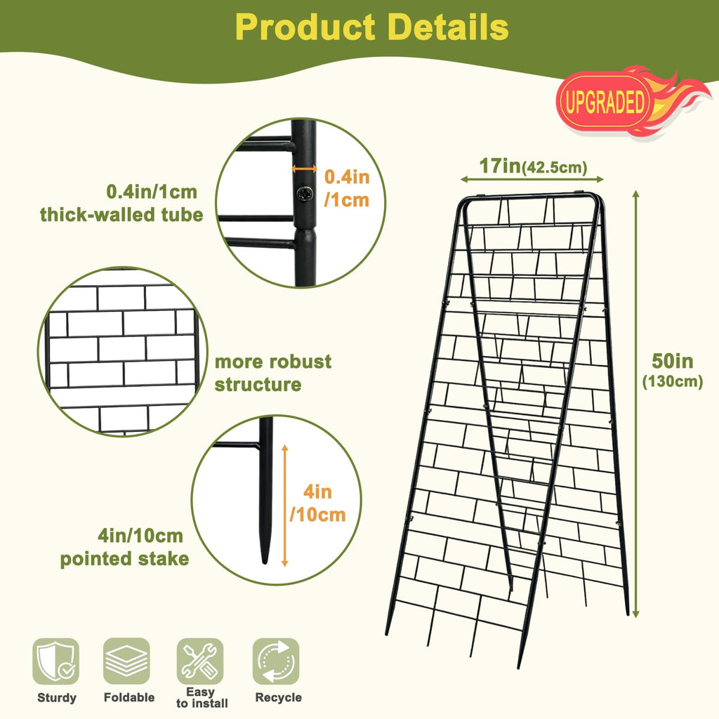 50"x17" A-Frame Cucumber Trellis for Raised Bed, Heavy Duty All-Metal Support for Climbing Plants, Cucumbers, Tomatoes & Beans, Easy Assembly, with Bonus Shears & Accessories, 1 Pack, Black, YOBAZAN