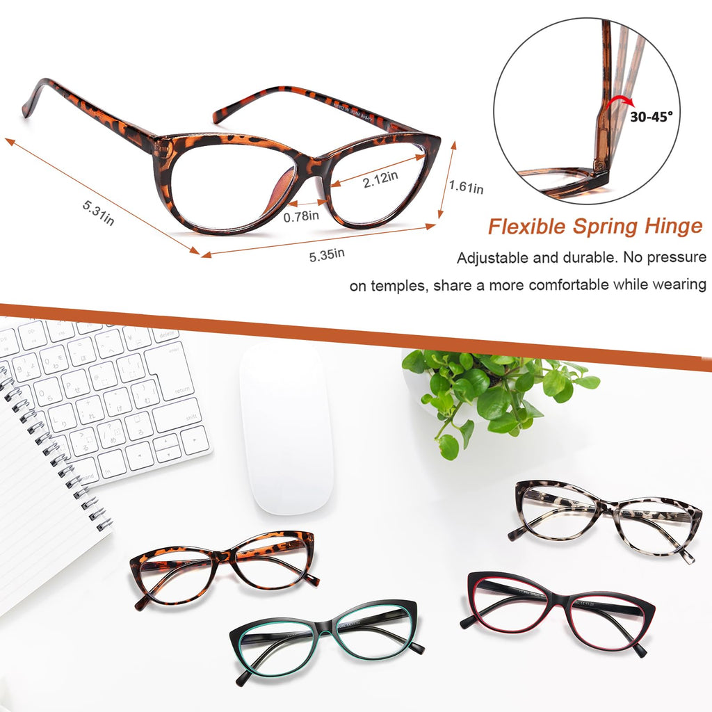 EYEURL 4 Pack Cat Eye Reading Glasses for Women, Blue Light Blocking Readers Lightweight Spring Hinge Anti Eyestrain UV Fashion Eyeglasses +1.50
