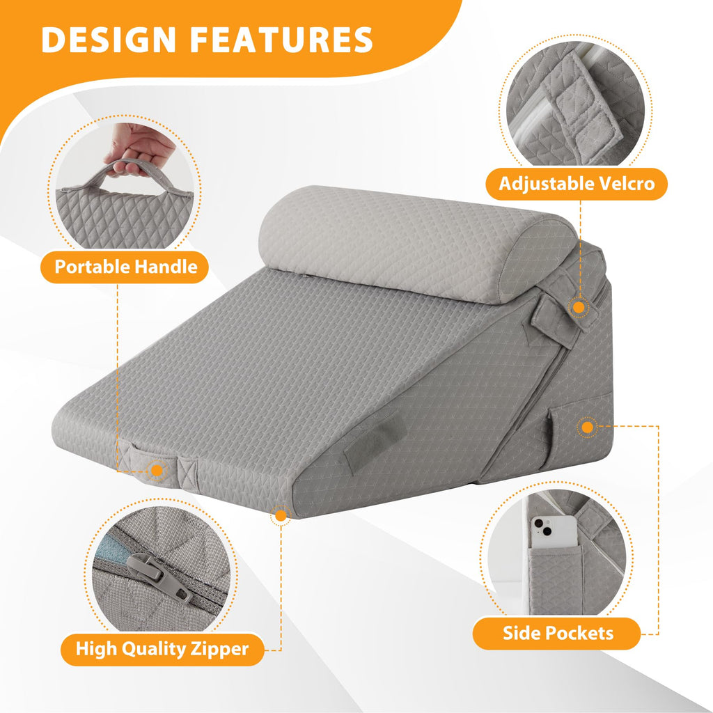 Ruqmuis 3PCS Wedge Pillow Set for After Surgery, Adjustable 9&12 Inch Bed Wedge Pillow for Sleeping, Incline Pillow Wedge for Headboard, Post Surgery, Acid Reflux, Neck&Back Support, Grey