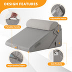 Ruqmuis 3PCS Wedge Pillow Set for After Surgery, Adjustable 9&12 Inch Bed Wedge Pillow for Sleeping, Incline Pillow Wedge for Headboard, Post Surgery, Acid Reflux, Neck&Back Support, Grey