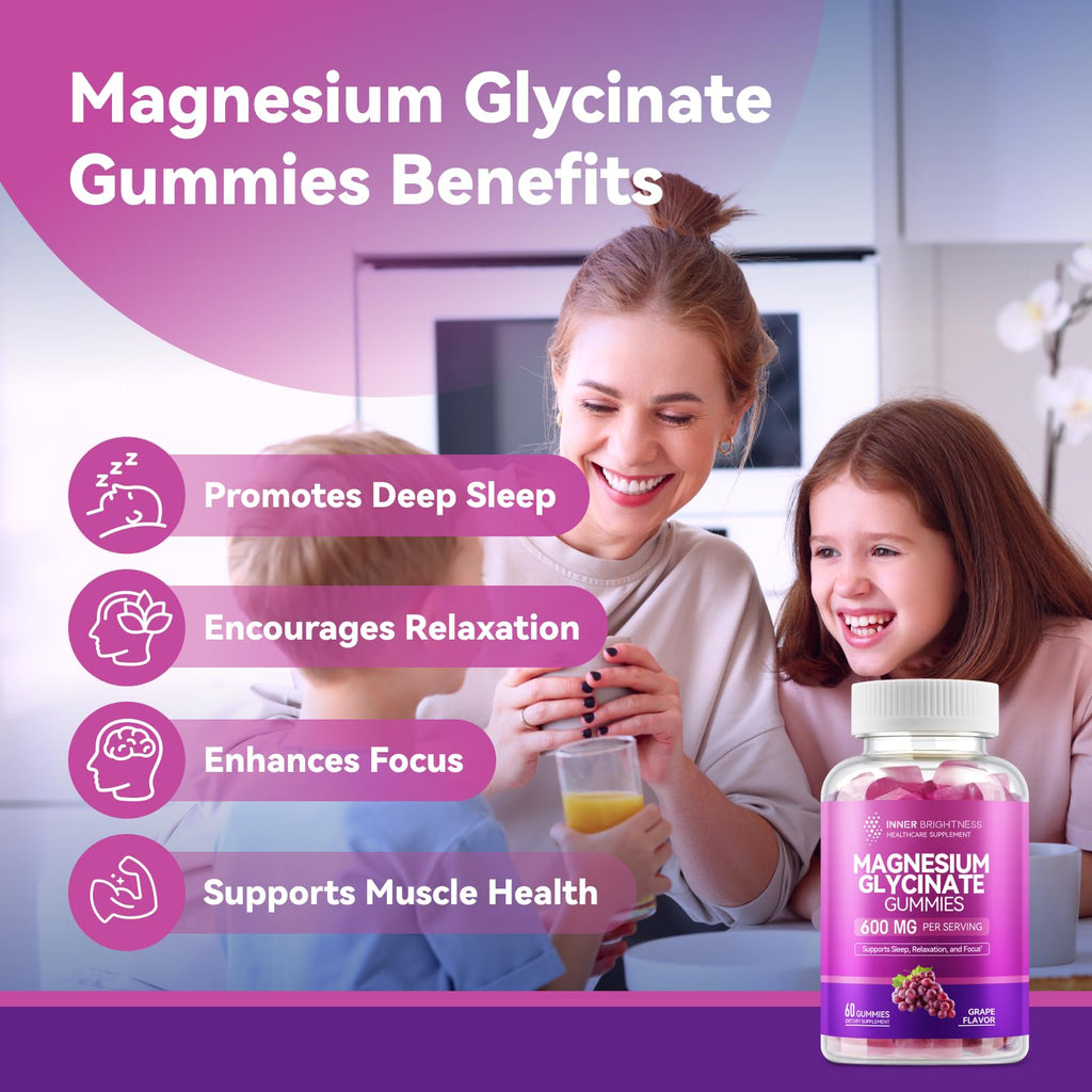 Magnesium Glycinate Gummies 600mg, Non-GMO, Gluten-Free, Magnesium Gummies for Adults & Kids, Sleep, Relaxation & Focus, Grape Flavor, 60 Count