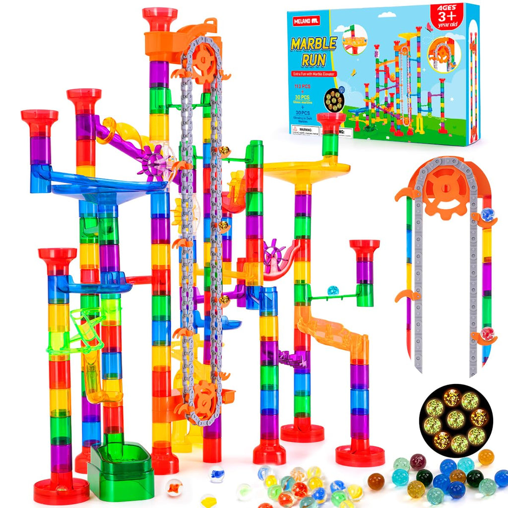 247Pcs Marble Run with Motorized Elevator, Construction Building Blocks Toys with 30 Glass Marbles and 30 Glow in The Dark Marbles, STEM Gifts for Boys and Girls