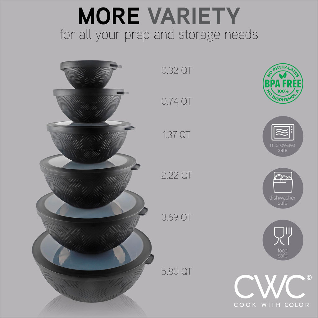 COOK WITH COLOR Mixing Bowls with Lids - 12 Piece Plastic Nesting Bowls Set includes 6 Prep Bowls and 6 Lids, Rhombus Design - Microwave Safe (Black)