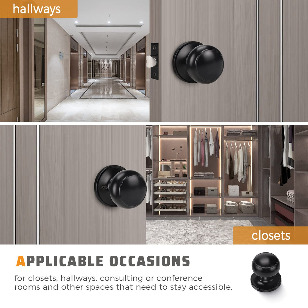KNOBWELL 10 Pack Modern Door Knob Passage Door Knob, Black Closet Door Knobs, Non Locking Interior Door Knobs Round Ball Door Handle Lockset, Matte Black Keyless Doorknob for Hallway