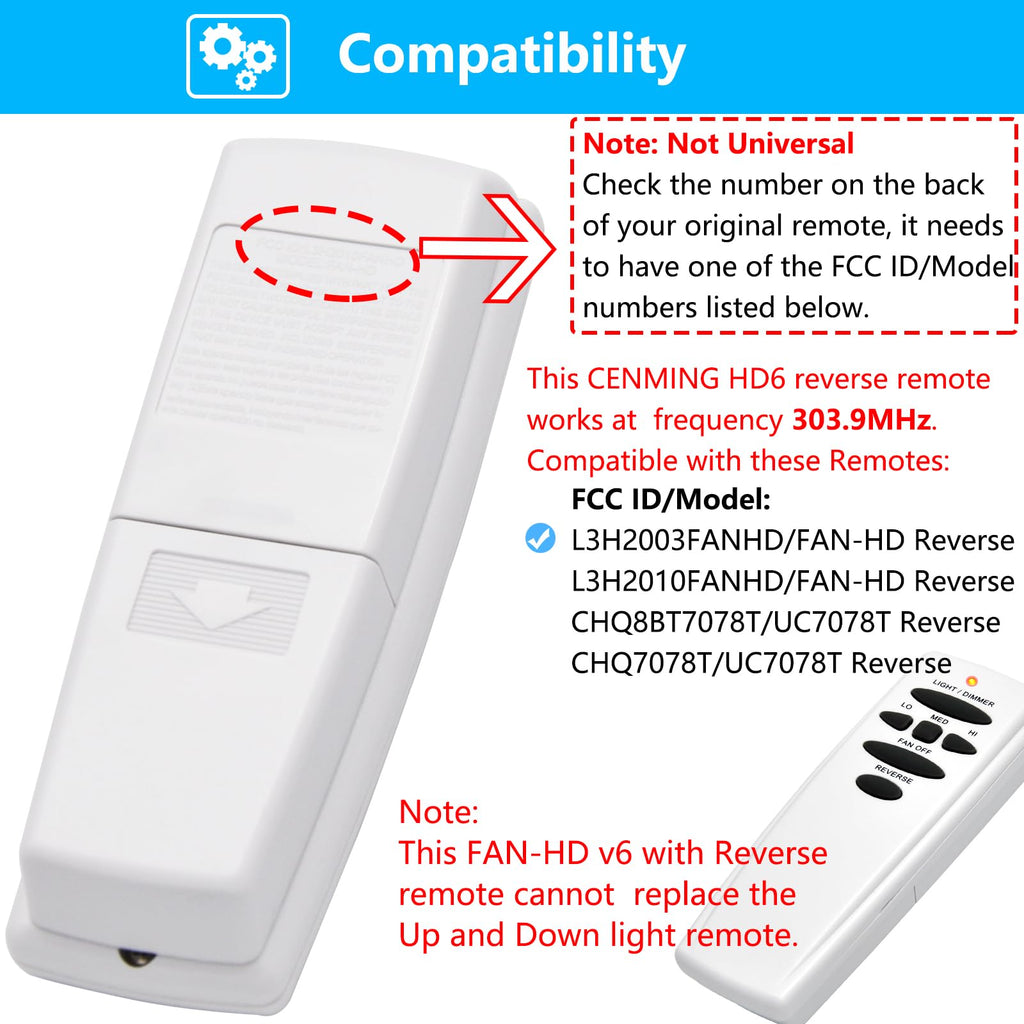 Replacement Remote for Hampton Bay Hunter Ceiling Fan Remote Control, 303.9MHz w/Reverse Light Dimmer 3-Speed Wall Mount, for UC7078T CHQ7078T CHQ8BT7078T L3H2010FANHD Fan-HD HD6(Remote Only)