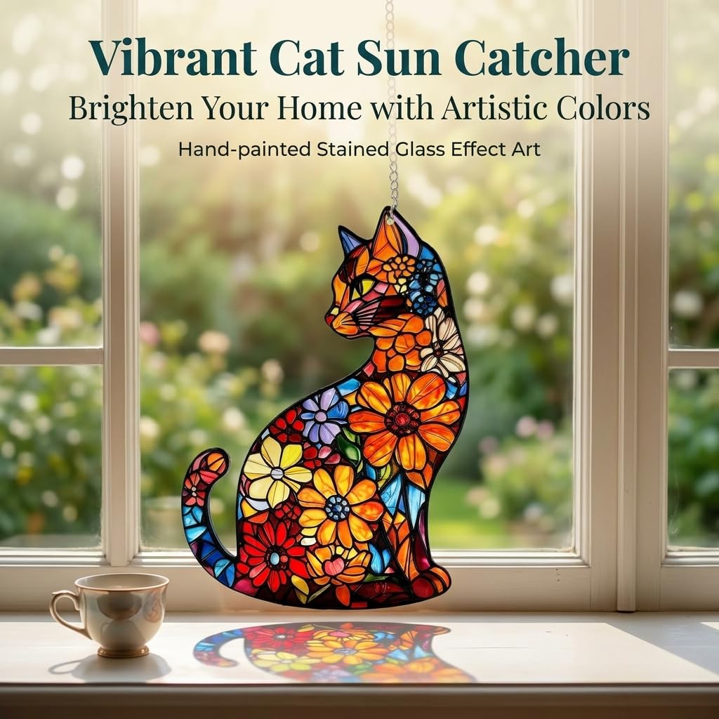 Cat Stained Glass Window Hanging Ornament Gift for Cat Lovers Mom 8 Inch