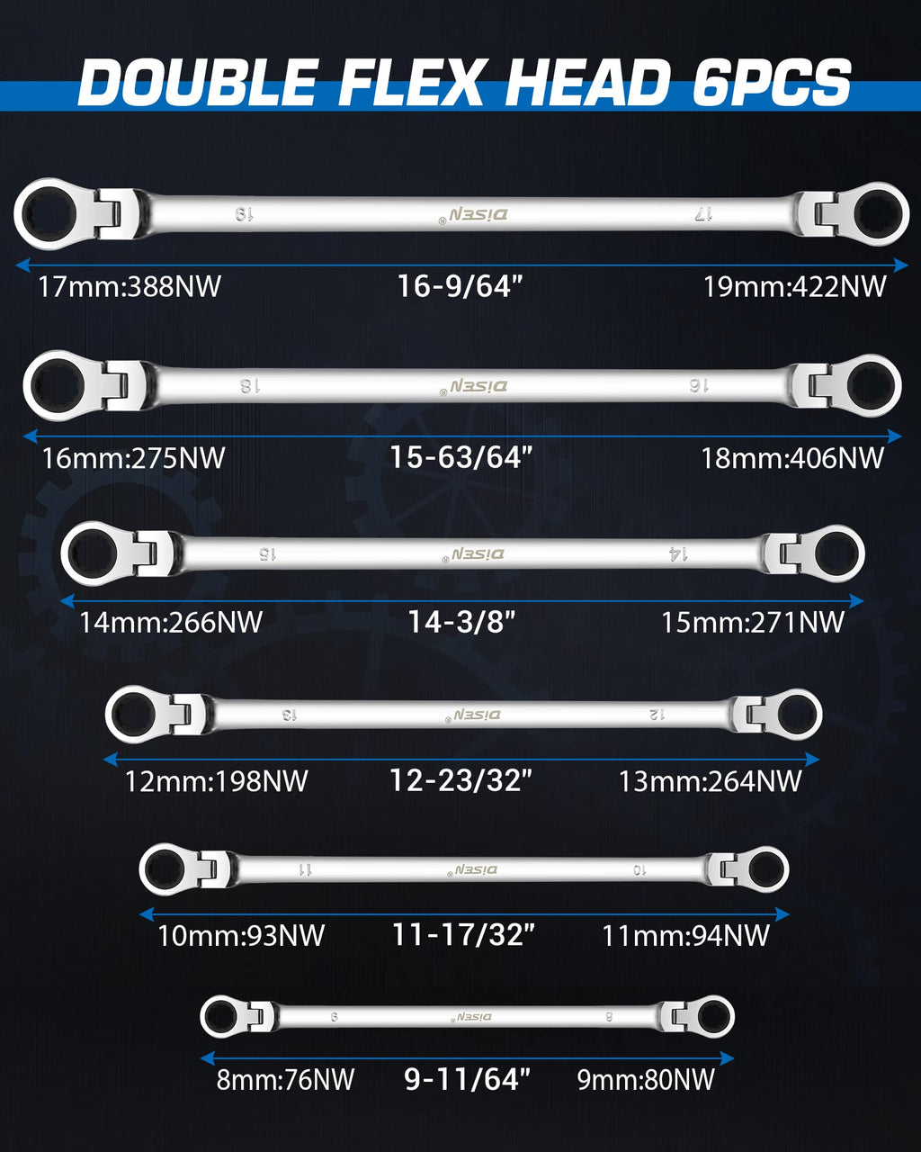 DISEN Extra Long Flex Head Ratcheting Wrench set, 6Pcs Double Box End Long Reach Ratchet Wrench Set Metric 8-19mm, CRV Steel, with Pouch, Gifts for Father, Man