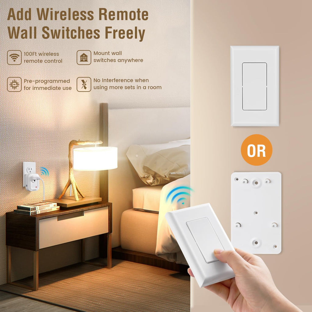SURAIELEC Wireless Wall Switch Remote Control Outlet, No Wiring Needed, 100ft RF Range, Pre-Programmed, Expandable Remote Light Switch Kit for Plug in Pendant Light, Lamp, Small Electrical Appliance