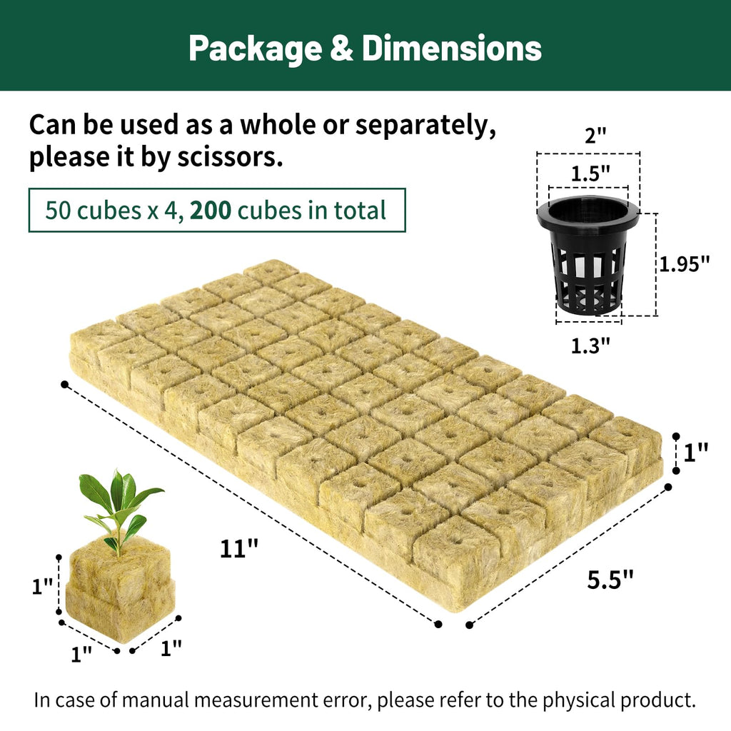 Jowlawn 1" Rockwool Cubes for Hydroponics 200 Plugs with 50 Pack 1.5 inch Net Pots Hydroponics Supplies Cups for Rooting, Clone Plants, Starting Seeds, Ideal Rockwool for Hydroponic Growing