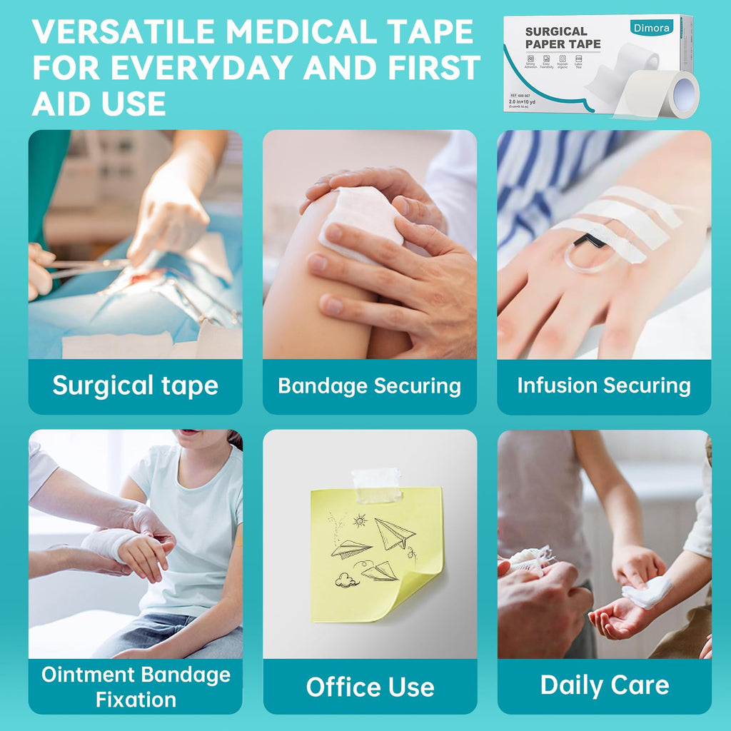 Dimora Paper Medical Tape 8 Rolls- Hypoallergenic White Surgical Tape for Sensitive Skin，Breathable First Aid Wound Tape with Pain-Free Removal，Secures Dressing and Medical Devices -2" x 10 Yards